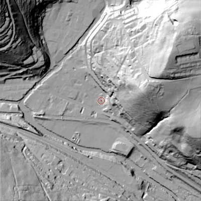 Shaded relief map of the ground around HX78AB, computed from Environment Agency LiDAR. The ground here sits at about 99 m above sea level and falls 115 m across the surrounding 800 m. Surface water reaching this point runs off ground lying to the east-north-east, 84.4 m higher.