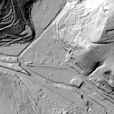 Shaded relief map of the ground around HX78AD, computed from Environment Agency LiDAR. The ground here sits at about 99 m above sea level and falls 123 m across the surrounding 800 m. Surface water reaching this point runs off ground lying to the east-north-east, 84.5 m higher.