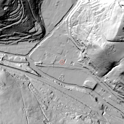 Shaded relief map of the ground around HX78AF, computed from Environment Agency LiDAR. The ground here sits at about 99 m above sea level and falls 137 m across the surrounding 800 m. Surface water reaching this point runs off ground lying to the east-north-east, 84.5 m higher.