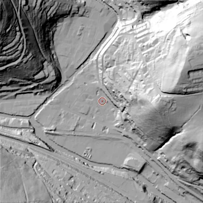 Shaded relief map of the ground around HX78AH, computed from Environment Agency LiDAR. The ground here sits at about 100 m above sea level and falls 121 m across the surrounding 800 m. Surface water reaching this point runs off ground lying to the east, 82.5 m higher.