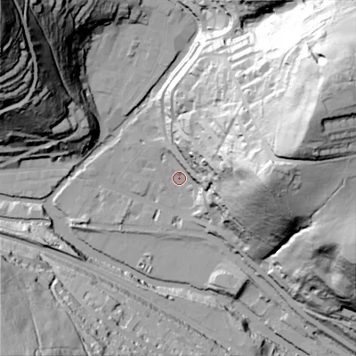 Shaded relief map of the ground around HX78AS, computed from Environment Agency LiDAR. The ground here sits at about 99 m above sea level and falls 111 m across the surrounding 800 m. Surface water reaching this point runs off ground lying to the east, 84.5 m higher.