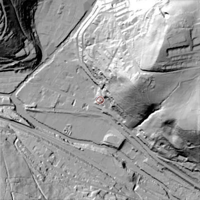 Shaded relief map of the ground around HX78AY, computed from Environment Agency LiDAR. The ground here sits at about 106 m above sea level and falls 117 m across the surrounding 800 m. Surface water reaching this point runs off ground lying to the east-north-east, 79.0 m higher.