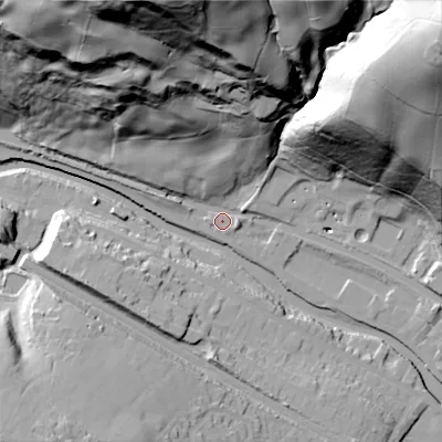 Shaded relief map of the ground around HX78DY, computed from Environment Agency LiDAR. The ground here sits at about 94 m above sea level and falls 106 m across the surrounding 800 m. Surface water reaching this point runs off ground lying to the north-east, 102.1 m higher.