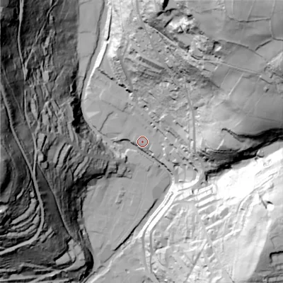 Shaded relief map of the ground around HX78DZ, computed from Environment Agency LiDAR. The ground here sits at about 106 m above sea level and falls 138 m across the surrounding 800 m. Surface water reaching this point runs off ground lying to the north-east, 134.1 m higher.