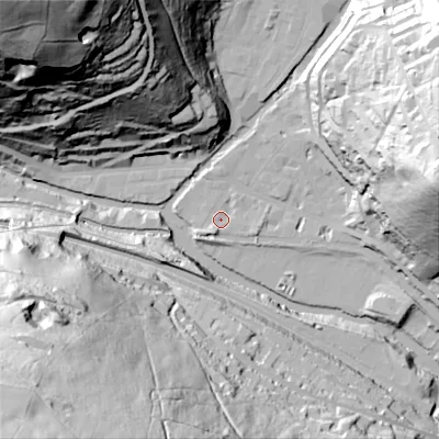 Shaded relief map of the ground around HX78EE, computed from Environment Agency LiDAR. The ground here sits at about 99 m above sea level and falls 146 m across the surrounding 800 m. Surface water reaching this point runs off ground lying to the south-south-west, 4.2 m higher.