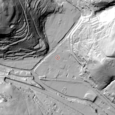 Shaded relief map of the ground around HX78EH, computed from Environment Agency LiDAR. The ground here sits at about 99 m above sea level and falls 147 m across the surrounding 800 m. Surface water reaching this point runs off ground lying to the east, 84.5 m higher.