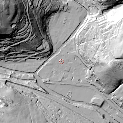 Shaded relief map of the ground around HX78EL, computed from Environment Agency LiDAR. The ground here sits at about 99 m above sea level and falls 147 m across the surrounding 800 m. Surface water reaching this point runs off ground lying to the east, 84.5 m higher.