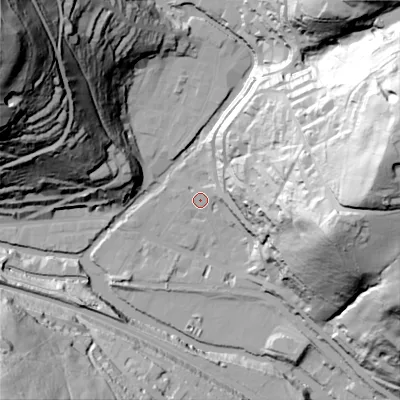 Shaded relief map of the ground around HX78EN, computed from Environment Agency LiDAR. The ground here sits at about 100 m above sea level and falls 135 m across the surrounding 800 m. Surface water reaching this point runs off ground lying to the east, 29.5 m higher.