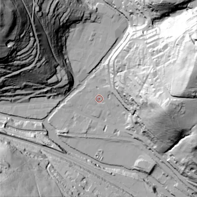 Shaded relief map of the ground around HX78ER, computed from Environment Agency LiDAR. The ground here sits at about 100 m above sea level and falls 140 m across the surrounding 800 m. Surface water reaching this point runs off ground lying to the north-east, 2.4 m higher.