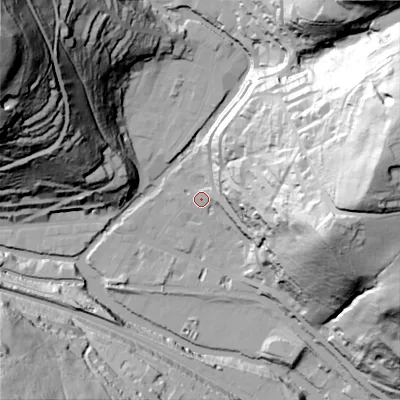 Shaded relief map of the ground around HX78ES, computed from Environment Agency LiDAR. The ground here sits at about 101 m above sea level and falls 133 m across the surrounding 800 m. Surface water reaching this point runs off ground lying to the east-south-east, 81.2 m higher.
