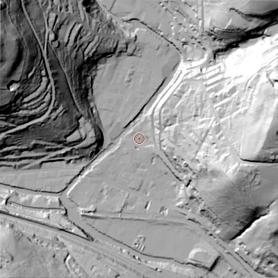 Shaded relief map of the ground around HX78ET, computed from Environment Agency LiDAR. The ground here sits at about 100 m above sea level and falls 139 m across the surrounding 800 m. Surface water reaching this point runs off ground lying to the east, 105.0 m higher.
