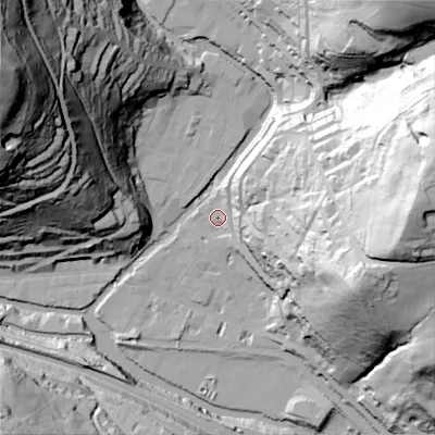 Shaded relief map of the ground around HX78EU, computed from Environment Agency LiDAR. The ground here sits at about 101 m above sea level and falls 133 m across the surrounding 800 m. Surface water reaching this point runs off ground lying to the east, 104.9 m higher.