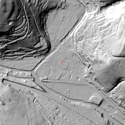 Shaded relief map of the ground around HX78EW, computed from Environment Agency LiDAR. The ground here sits at about 99 m above sea level and falls 146 m across the surrounding 800 m. Surface water reaching this point runs off ground lying to the east, 84.5 m higher.