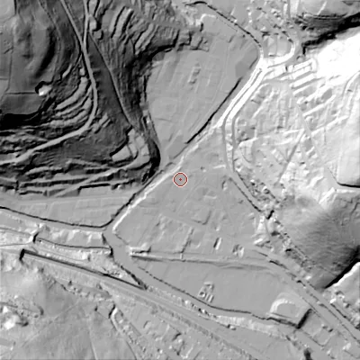 Shaded relief map of the ground around HX78EX, computed from Environment Agency LiDAR. The ground here sits at about 99 m above sea level and falls 148 m across the surrounding 800 m. Surface water reaching this point runs off ground lying to the east-north-east, 1.5 m higher.