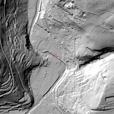 Shaded relief map of the ground around HX78FA, computed from Environment Agency LiDAR. The ground here sits at about 103 m above sea level and falls 135 m across the surrounding 800 m. Surface water reaching this point runs off ground lying to the north-east, 131.8 m higher.