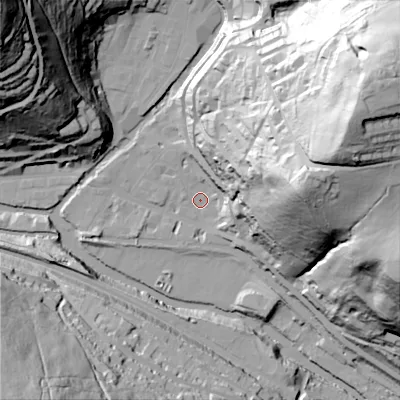 Shaded relief map of the ground around HX78FD, computed from Environment Agency LiDAR. The ground here sits at about 99 m above sea level and falls 115 m across the surrounding 800 m. Surface water reaching this point runs off ground lying to the east, 84.5 m higher.