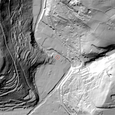 Shaded relief map of the ground around HX78JD, computed from Environment Agency LiDAR. The ground here sits at about 105 m above sea level and falls 131 m across the surrounding 800 m. Surface water reaching this point runs off ground lying to the north-east, 126.7 m higher.