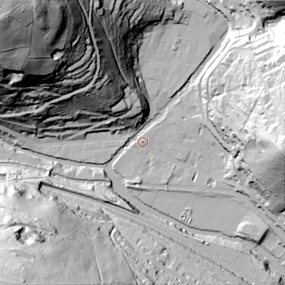 Shaded relief map of the ground around HX78JN, computed from Environment Agency LiDAR. The ground here sits at about 100 m above sea level and falls 148 m across the surrounding 800 m. Surface water reaching this point runs off ground lying to the east, 82.3 m higher.
