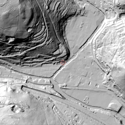 Shaded relief map of the ground around HX78JP, computed from Environment Agency LiDAR. The ground here sits at about 101 m above sea level and falls 150 m across the surrounding 800 m. Surface water reaching this point runs off ground lying to the north-north-west, 89.1 m higher.