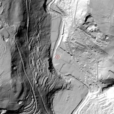 Shaded relief map of the ground around HX78JR, computed from Environment Agency LiDAR. The ground here sits at about 107 m above sea level and falls 151 m across the surrounding 800 m. Surface water reaching this point runs off ground lying to the east, 4.1 m higher.