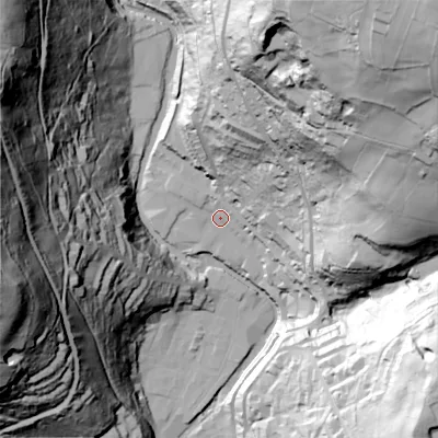 Shaded relief map of the ground around HX78JX, computed from Environment Agency LiDAR. The ground here sits at about 107 m above sea level and falls 141 m across the surrounding 800 m. Surface water reaching this point runs off ground lying to the north-east, 36.8 m higher.