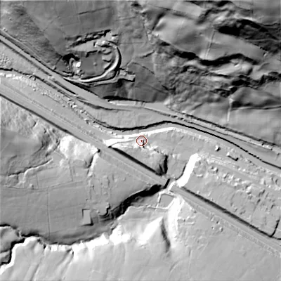 Shaded relief map of the ground around HX78NE, computed from Environment Agency LiDAR. The ground here sits at about 97 m above sea level and falls 109 m across the surrounding 800 m. Surface water reaching this point runs off ground lying to the south-west, 61.6 m higher.