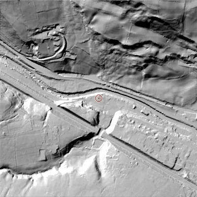Shaded relief map of the ground around HX78NG, computed from Environment Agency LiDAR. The ground here sits at about 95 m above sea level and falls 110 m across the surrounding 800 m. Surface water reaching this point runs off ground lying to the south-west, 51.9 m higher.