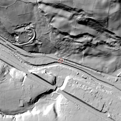 Shaded relief map of the ground around HX78NJ, computed from Environment Agency LiDAR. The ground here sits at about 97 m above sea level and falls 119 m across the surrounding 800 m. Surface water reaching this point runs off ground lying to the north, 117.1 m higher.