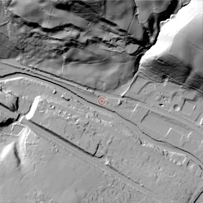 Shaded relief map of the ground around HX78NL, computed from Environment Agency LiDAR. The ground here sits at about 93 m above sea level and falls 100 m across the surrounding 800 m. Surface water reaching this point runs off ground lying to the north-east, 95.6 m higher.