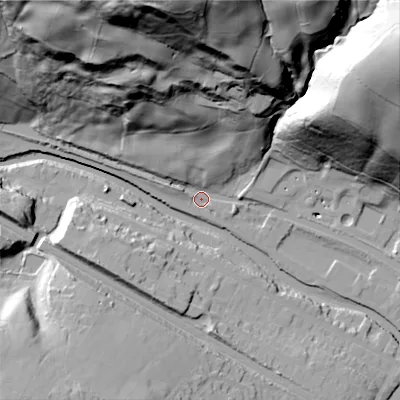 Shaded relief map of the ground around HX78NN, computed from Environment Agency LiDAR. The ground here sits at about 93 m above sea level and falls 100 m across the surrounding 800 m. Surface water reaching this point runs off ground lying to the north, 96.2 m higher.