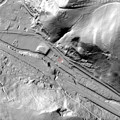 Shaded relief map of the ground around HX78NS, computed from Environment Agency LiDAR. The ground here sits at about 97 m above sea level and falls 140 m across the surrounding 800 m. Surface water reaching this point runs off ground lying to the east-north-east, 7.8 m higher.