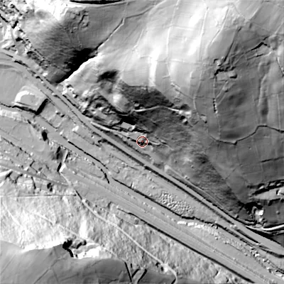 Shaded relief map of the ground around HX78NU, computed from Environment Agency LiDAR. The ground here sits at about 113 m above sea level and falls 133 m across the surrounding 800 m. Surface water reaching this point runs off ground lying to the north-east, 100.5 m higher.