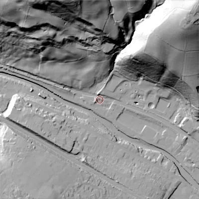 Shaded relief map of the ground around HX78NW, computed from Environment Agency LiDAR. The ground here sits at about 94 m above sea level and falls 112 m across the surrounding 800 m. Surface water reaching this point runs off ground lying to the north-east, 107.4 m higher.