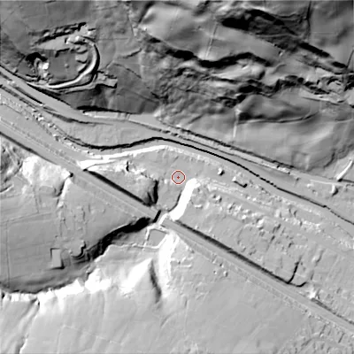 Shaded relief map of the ground around HX78NX, computed from Environment Agency LiDAR. The ground here sits at about 95 m above sea level and falls 102 m across the surrounding 800 m. Surface water reaching this point runs off ground lying to the south-west, 56.7 m higher.