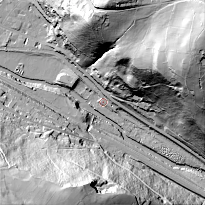 Shaded relief map of the ground around HX78NY, computed from Environment Agency LiDAR. The ground here sits at about 99 m above sea level and falls 140 m across the surrounding 800 m. Surface water reaching this point runs off ground lying to the north, 3.3 m higher.