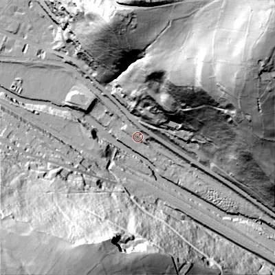 Shaded relief map of the ground around HX78NZ, computed from Environment Agency LiDAR. The ground here sits at about 99 m above sea level and falls 139 m across the surrounding 800 m. Surface water reaching this point runs off ground lying to the north-west, 3.3 m higher.