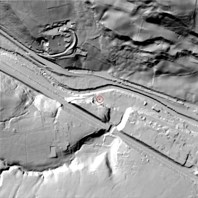 Shaded relief map of the ground around HX78PA, computed from Environment Agency LiDAR. The ground here sits at about 95 m above sea level and falls 108 m across the surrounding 800 m. Surface water reaching this point runs off ground lying to the south-west, 58.5 m higher.
