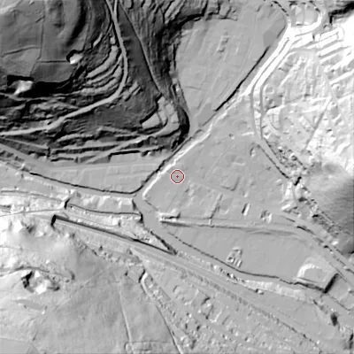 Shaded relief map of the ground around HX78UQ, computed from Environment Agency LiDAR. The ground here sits at about 99 m above sea level and falls 146 m across the surrounding 800 m. Surface water reaching this point runs off ground lying to the east, 83.5 m higher.