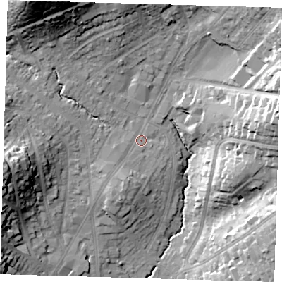 Shaded relief map of the ground around IG101AD, computed from Environment Agency LiDAR. The ground here sits at about 34 m above sea level and falls 35 m across the surrounding 800 m. Surface water reaching this point runs off ground lying to the south-south-west, 4.2 m higher.