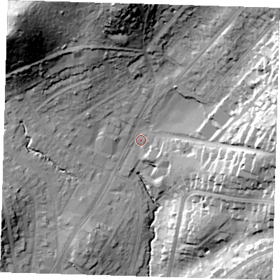 Shaded relief map of the ground around IG101AL, computed from Environment Agency LiDAR. The ground here sits at about 34 m above sea level and falls 42 m across the surrounding 800 m. Surface water reaching this point runs off ground lying to the east, 29.9 m higher.