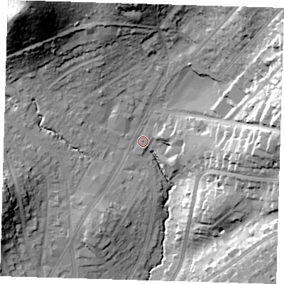 Shaded relief map of the ground around IG101AQ, computed from Environment Agency LiDAR. The ground here sits at about 33 m above sea level and falls 43 m across the surrounding 800 m. Surface water reaching this point runs off ground lying to the north-west, 37.1 m higher.