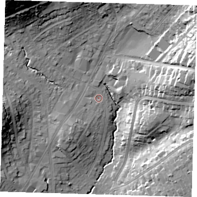 Shaded relief map of the ground around IG101BJ, computed from Environment Agency LiDAR. The ground here sits at about 33 m above sea level and falls 36 m across the surrounding 800 m. Surface water reaching this point runs off ground lying to the north-west, 28.8 m higher.