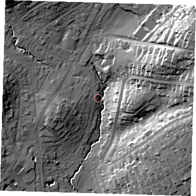 Shaded relief map of the ground around IG101BL, computed from Environment Agency LiDAR. The ground here sits at about 32 m above sea level and falls 40 m across the surrounding 800 m. Surface water reaching this point runs off ground lying to the north-east, 36.6 m higher.