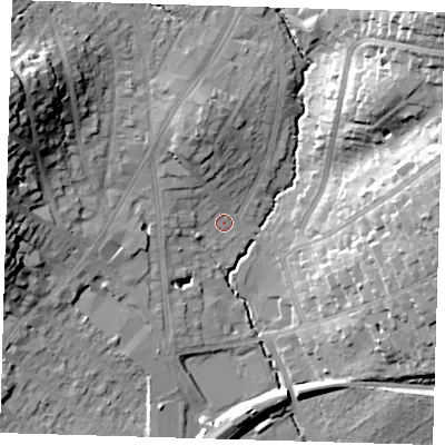 Shaded relief map of the ground around IG101BW, computed from Environment Agency LiDAR. The ground here sits at about 29 m above sea level and falls 32 m across the surrounding 800 m. Surface water reaching this point runs off ground lying to the north-north-west, 9.0 m higher.