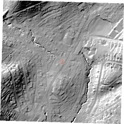 Shaded relief map of the ground around IG101DZ, computed from Environment Agency LiDAR. The ground here sits at about 35 m above sea level and falls 35 m across the surrounding 800 m. Surface water reaching this point runs off ground lying to the south-south-west, 2.3 m higher.