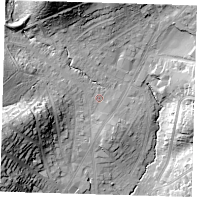 Shaded relief map of the ground around IG101EA, computed from Environment Agency LiDAR. The ground here sits at about 35 m above sea level and falls 34 m across the surrounding 800 m. Surface water reaching this point runs off ground lying to the west-north-west, 1.1 m higher.