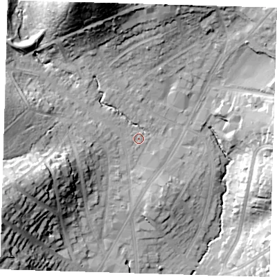 Shaded relief map of the ground around IG101ED, computed from Environment Agency LiDAR. The ground here sits at about 35 m above sea level and falls 39 m across the surrounding 800 m. Surface water reaching this point runs off ground lying to the west, 2.0 m higher.