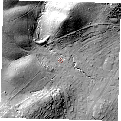 Shaded relief map of the ground around IG101EF, computed from Environment Agency LiDAR. The ground here sits at about 38 m above sea level and falls 40 m across the surrounding 800 m. Surface water reaching this point runs off ground lying to the west-south-west, 20.9 m higher.