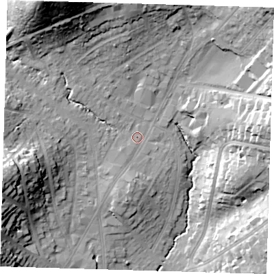 Shaded relief map of the ground around IG101ET, computed from Environment Agency LiDAR. The ground here sits at about 34 m above sea level and falls 39 m across the surrounding 800 m. Surface water reaching this point runs off ground lying to the north-west, 31.3 m higher.