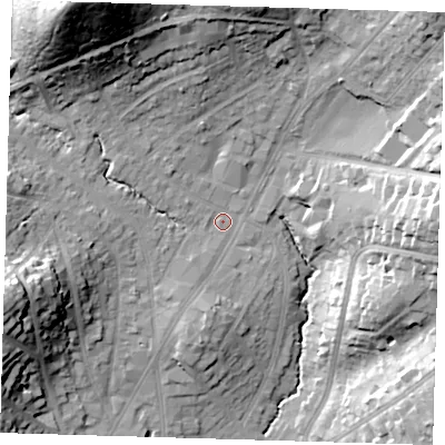 Shaded relief map of the ground around IG101EZ, computed from Environment Agency LiDAR. The ground here sits at about 34 m above sea level and falls 42 m across the surrounding 800 m. Surface water reaching this point runs off ground lying to the north-west, 35.0 m higher.